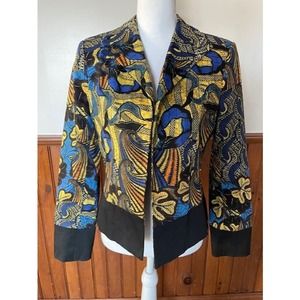 Womens Harve Benard Open Front Tapestry Blue‎ Black Yellow Blazer Size 8